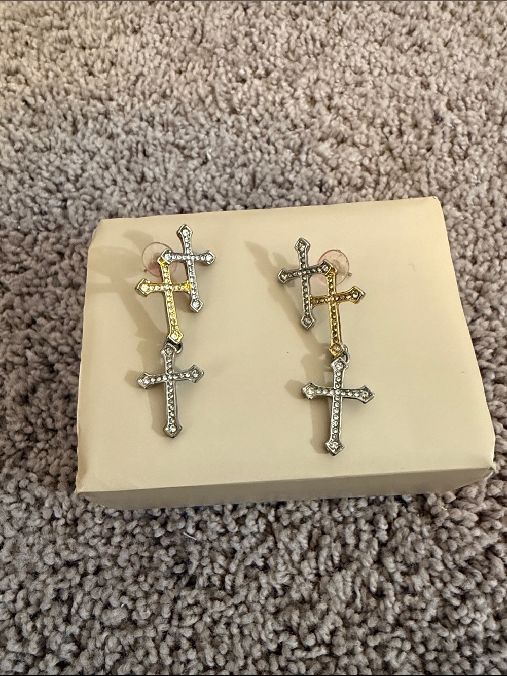 Sassy Jones Two-Tone Cross Drop Earrings with Crystal Accents